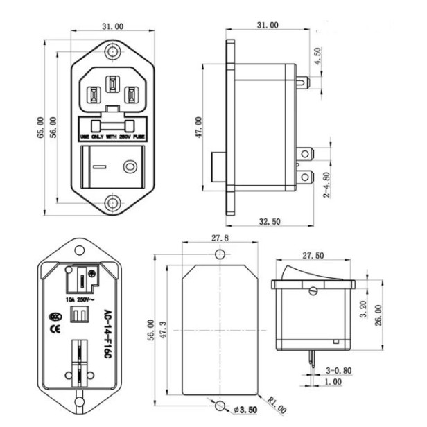 Módulo Enchufe AC 3 Terminales + Interruptor Iluminado + Fusible 10A |